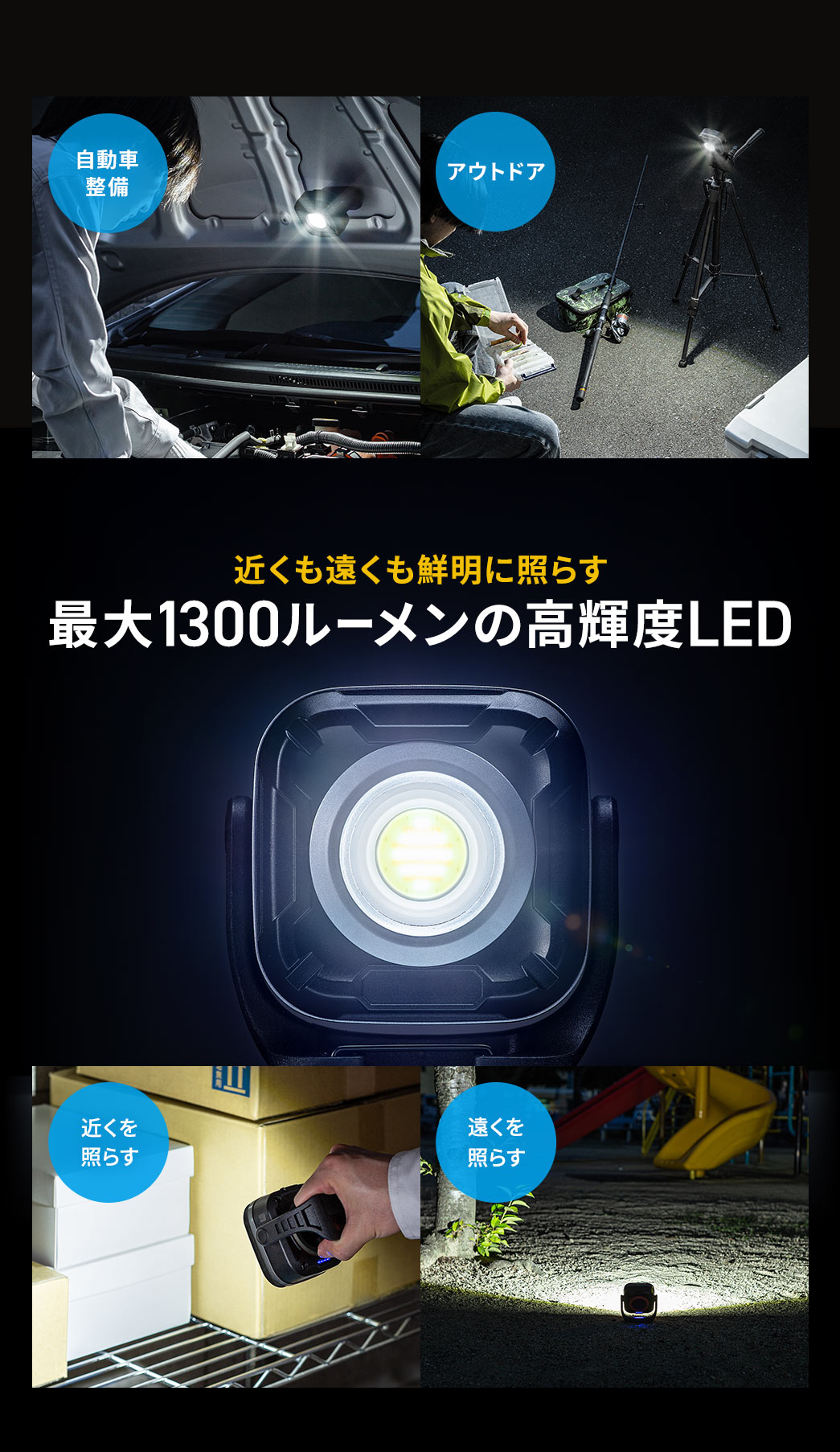 自動車整備や、アウトドアに、近くも遠くも鮮明に照らす、最大1300ルーメンの高輝度LED。