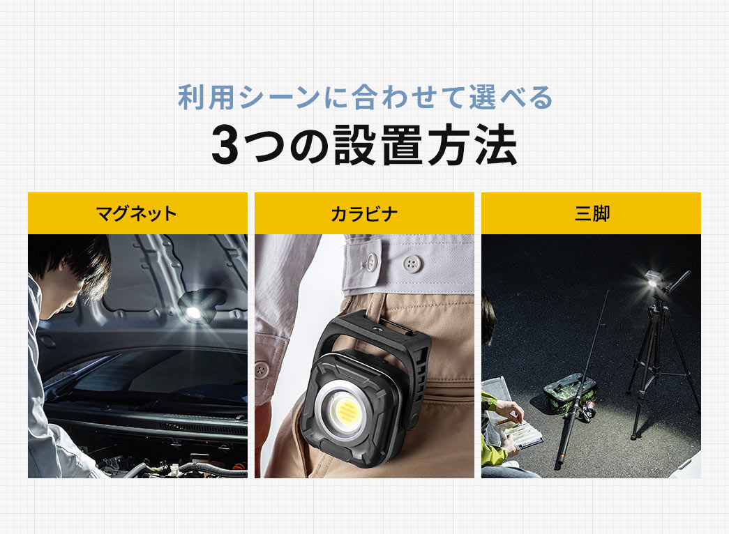 マグネット、カラビナ、三脚、利用シーンに合わせて選べる3つの設置方法。