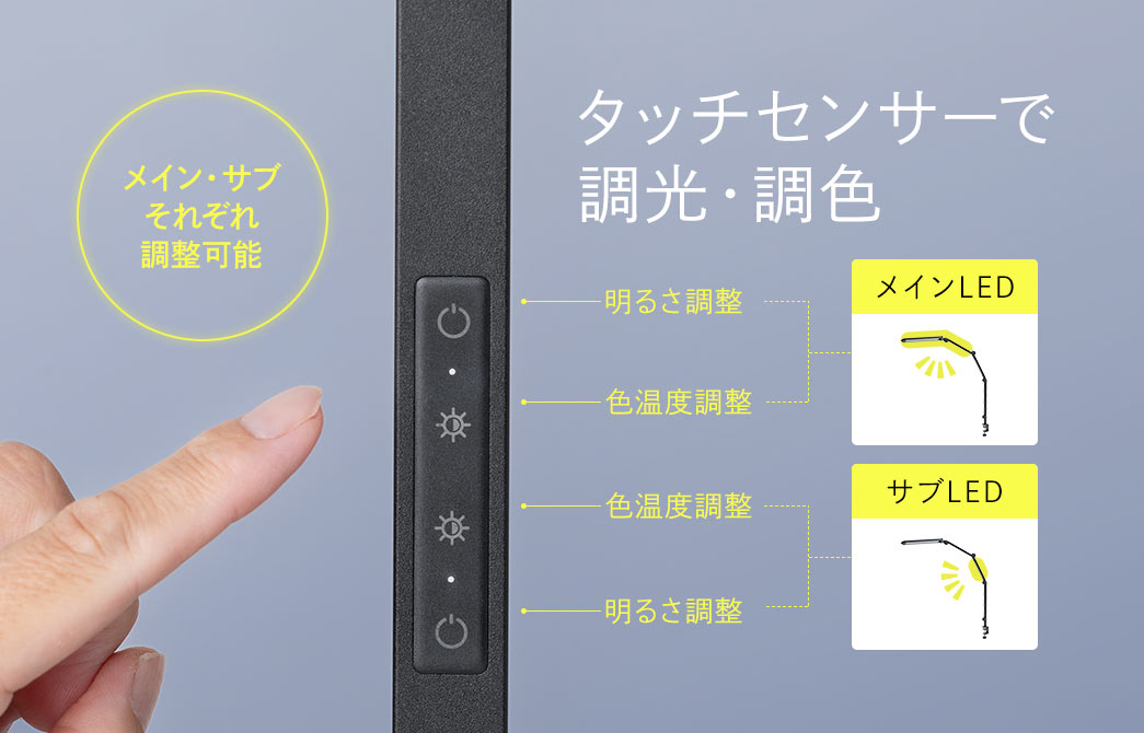 タッチセンサーで調光・調色ができ、メイン、サブ、それぞれで調整が可能です。