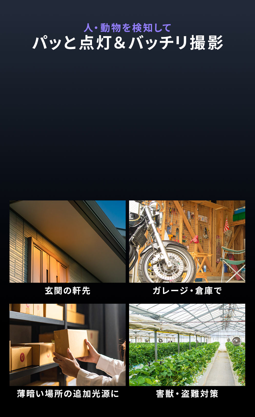人・動物を検知してパッと点灯＆バッチリ撮影。玄関の軒先や害獣・盗難対策、薄暗い場所の追加光源など様々な場所で使えます。