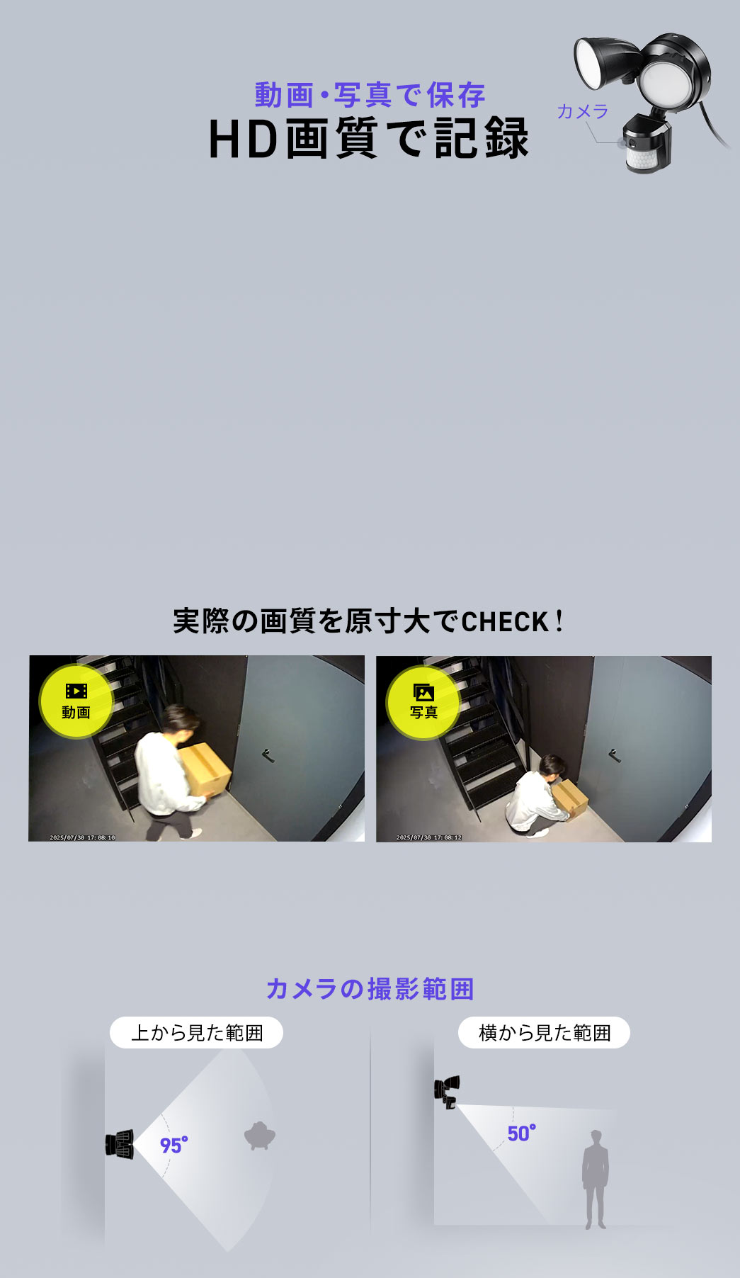 動画・写真をHD画質で記録し、カメラは左右95°、上下50°の範囲を撮影可能。実際の画質を原寸大でCHECK！