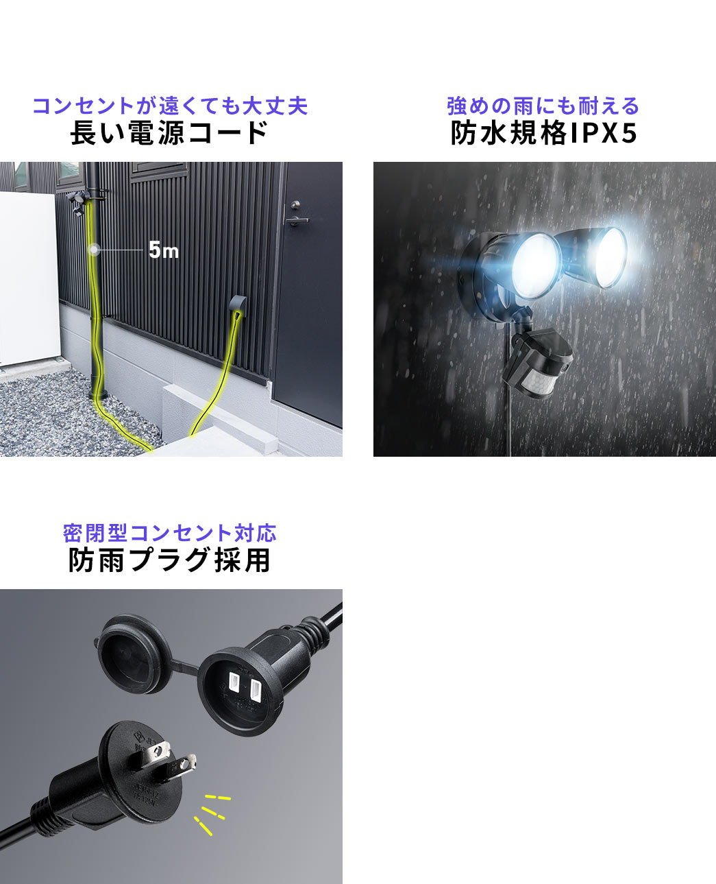 コンセントが遠くても安心の長い電源コード、強めの雨にも耐えるIPX5防水仕様、密閉型コンセントに対応する防雨プラグ採用。