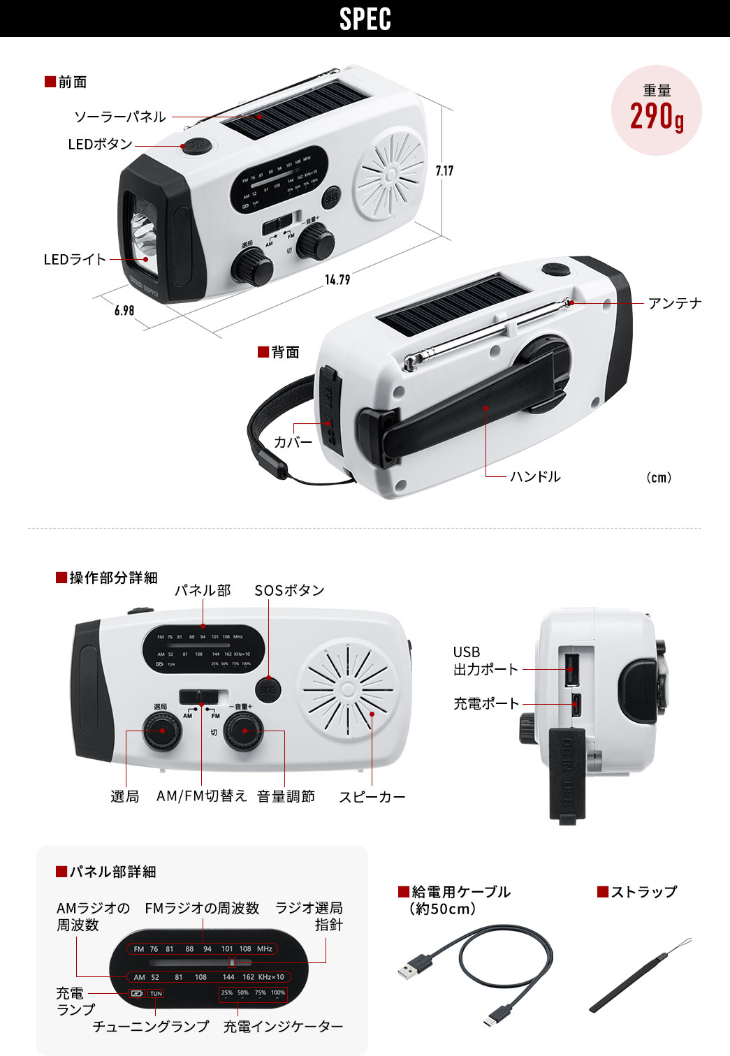 SPEC：本体サイズは幅14.79cm×奥行き6.98cm×高さ7.17cm、重量は290g。給電用ケーブルと落下防止ストラップを付属しています。