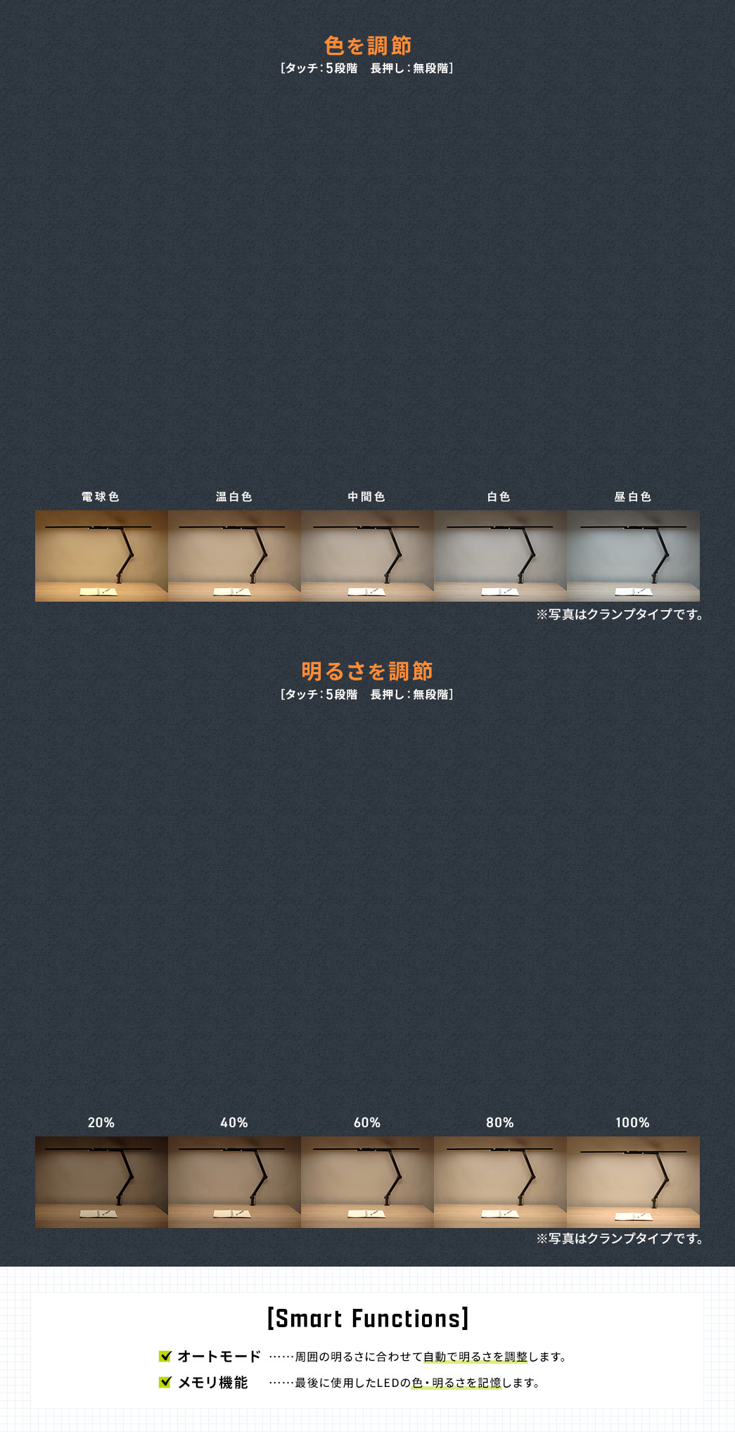 色の調整はタッチで電球色、温白色、中間色、白色、昼白色の5段階に調整でき、長押しで無段階調整が可能です。明るさの調整もタッチで5段階、長押しで無段階調整が可能です。オートモードで周囲の明るさに合わせて自動で明るさを調整し、メモリ機能で最後に使用したLEDの色・明るさを記憶します。