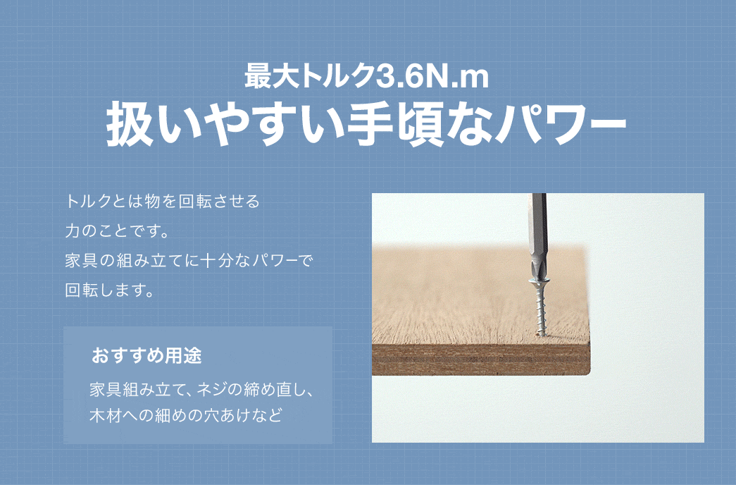 最大トルク3.6N.m、扱いやすい手頃なパワー。トルクとは物を回転させる力のことで、家具の組み立てに十分なパワーで回転します。家具組み立て、ネジの締め直し、木材への細めの穴あけなどに最適です。