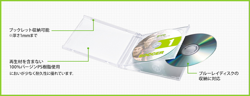 ブックレット収納可能 再生材を含まない100%バージンPS樹脂使用 ブルーレイディスクの収納に対応