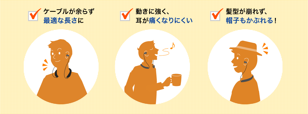 ケーブルが余らず最適な長さに 動きに強く、耳が痛くなりにくい