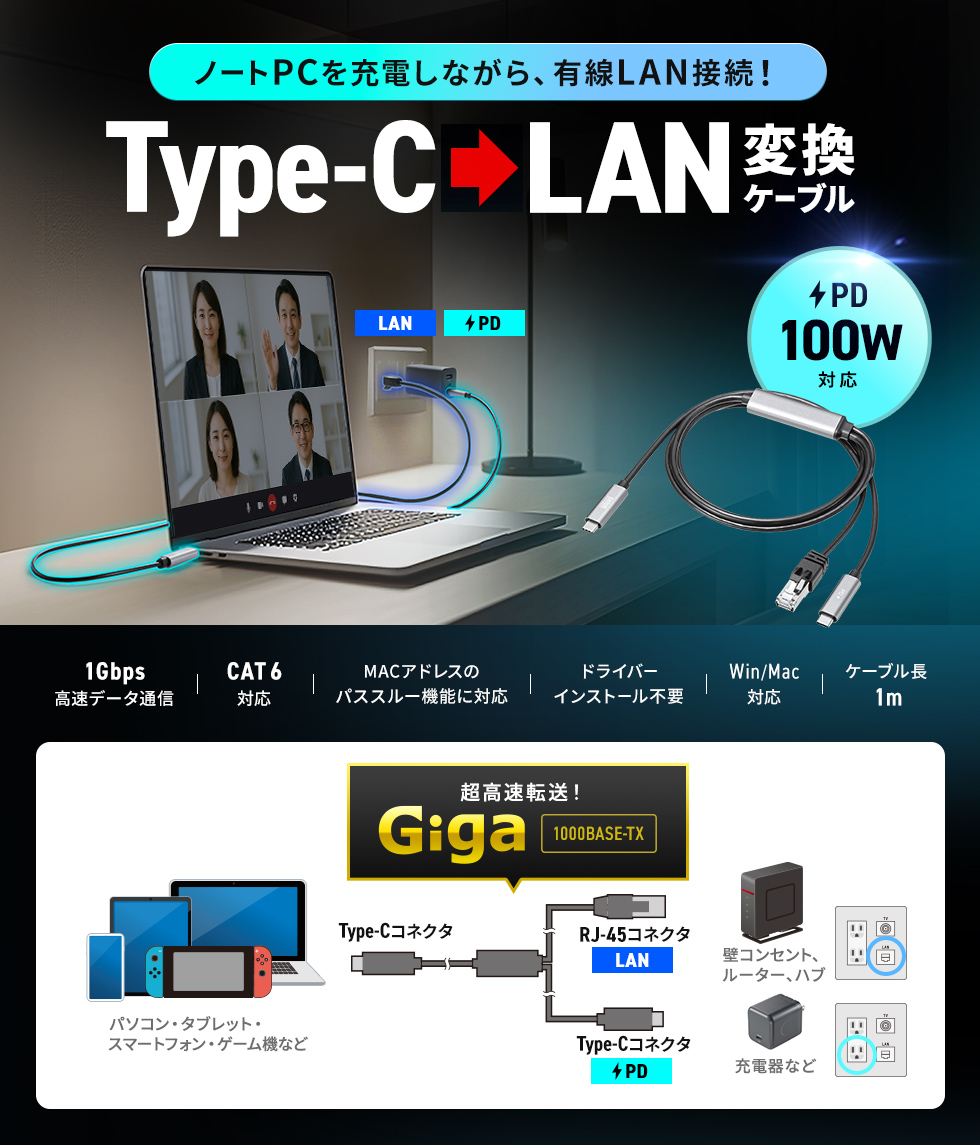 有線で安定したネットワーク接続と、USB PD対応で最大100Wの急速充電を両立する、多機能USB Type-C LAN変換ケーブル。ドライバ不要で簡単接続。1m。