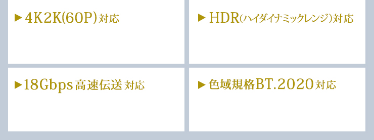 4K2K(60P)対応、HDR（ハイダイナミックレンジ）対応、18Gbps高速伝送対応、色域規格BT.2020対応