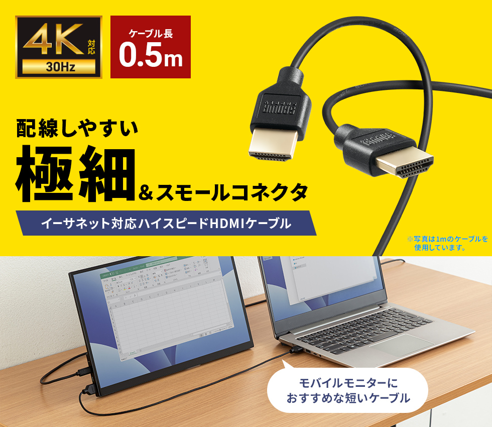 4K/30Hz対応、スリムで取り回しのし易いハイスピードHDMIケーブル。0.3m。