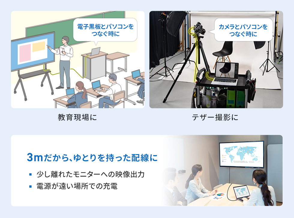 教室や撮影現場で取り回しやすい3mタイプ