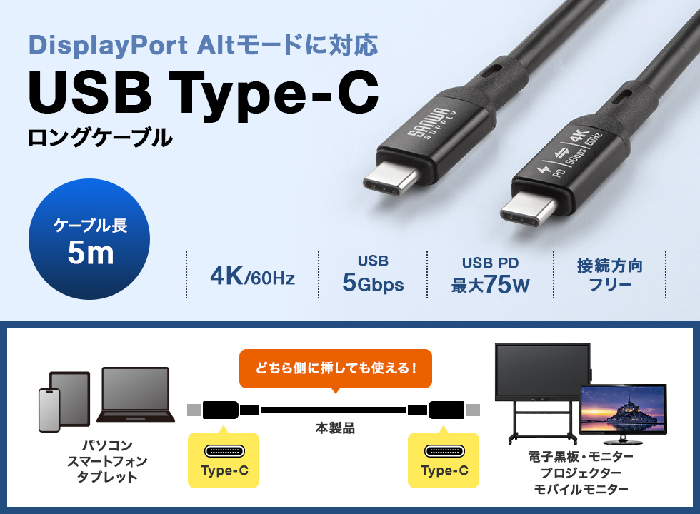 USB5Gbps（USB3.2 Gen1）Type-CケーブルDP Altモード・PD75W対応の5mロングケーブル。