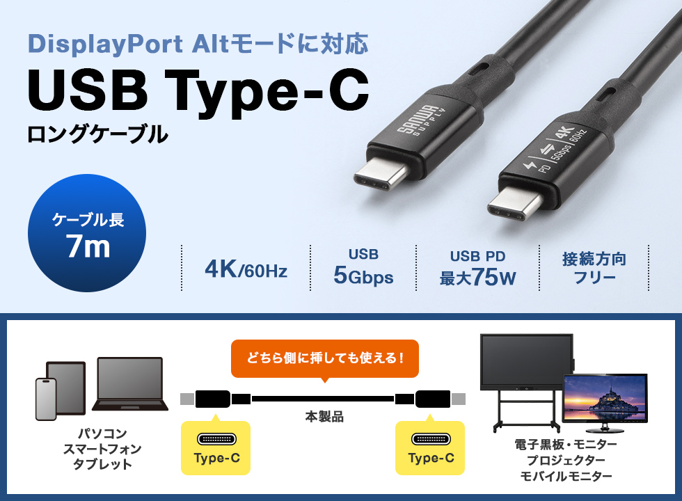 USB5Gbps（USB3.2 Gen1）Type-CケーブルDP Altモード・PD75W対応の5mロングケーブル。
