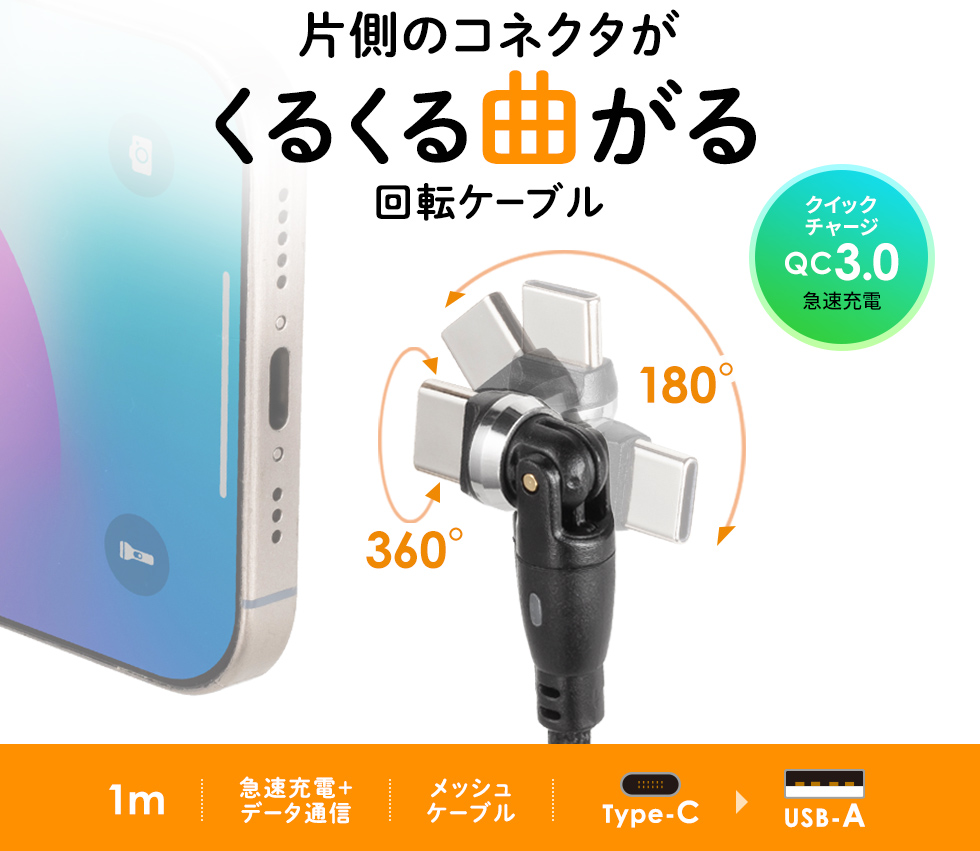 180+360°回転するコネクタ採用。操作性と耐久性を向上させたUSB Type-C－Aケーブル。QC3.0高速充電対応・1m。