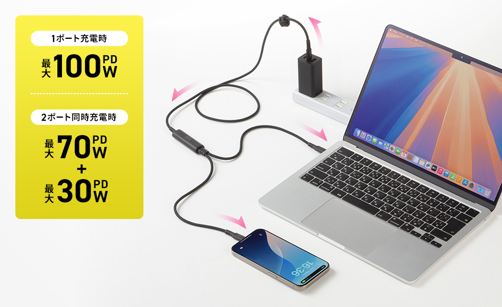 最大100W出力対応。ノートパソコンも充電できる