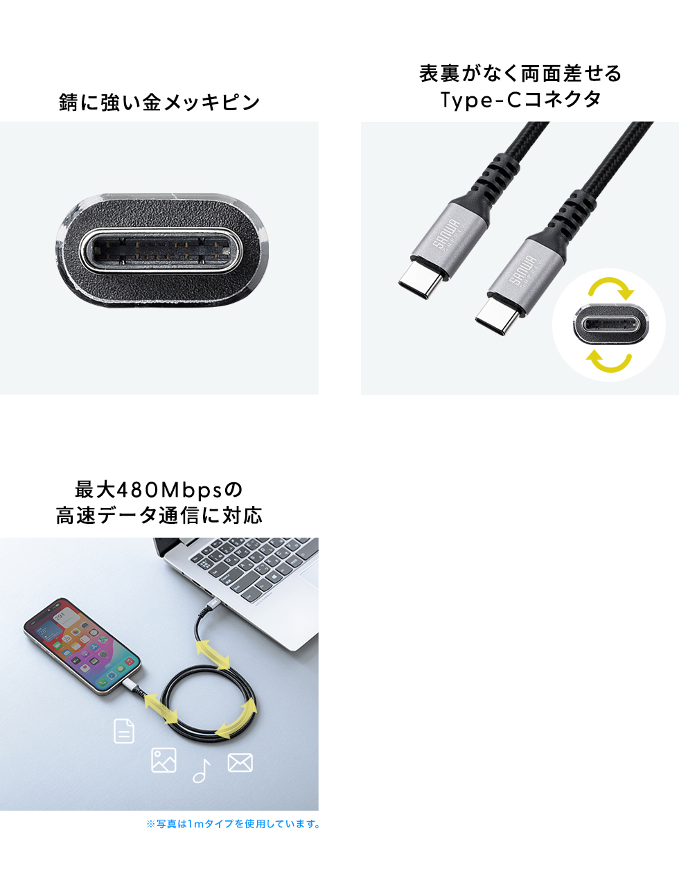 錆に強い金メッキピン 裏表がなく両面差せるType-Cコネクタ 最大480Mbpsの高速データ通信に対応