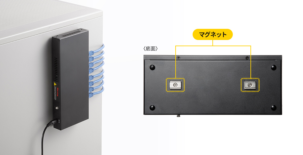 スチール面に固定できる強力マグネット付き