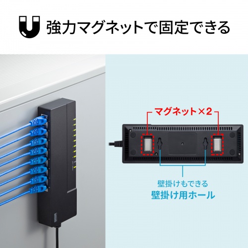 強力マグネットで固定できる