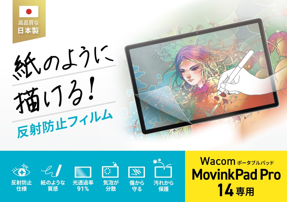 Wacom ポータブルパッド MovinkPad Pro 14対応の紙のような質感反射防止フィルム。
