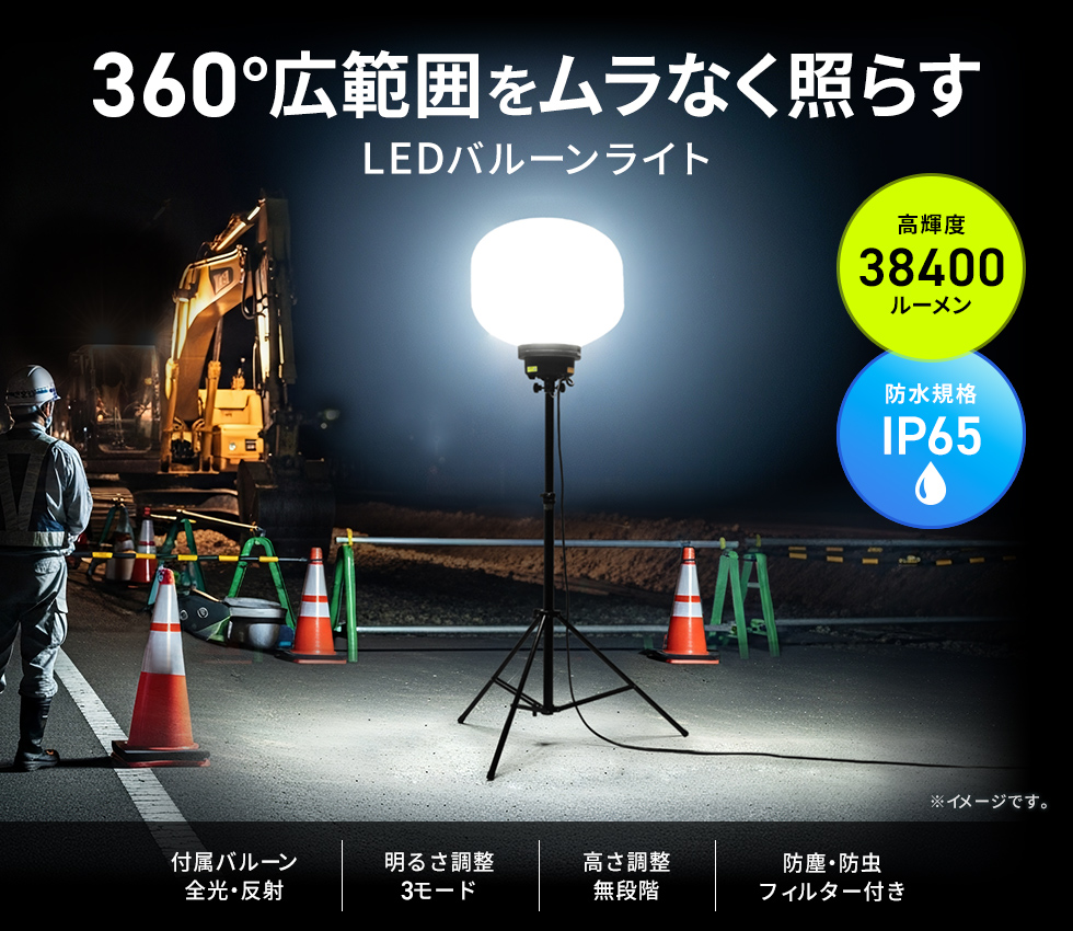 全方位に照射できるLEDバルーンライト。ACコンセント式。全光・反射のLED用カバー2種類付き。高さ調整や明るさ切替で多用途に対応。付属のバッグでスッキリ収納・保管。