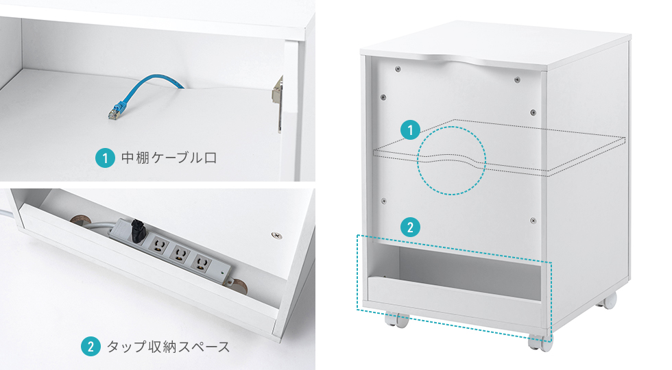 ケーブル口・タップ収納スペース付き