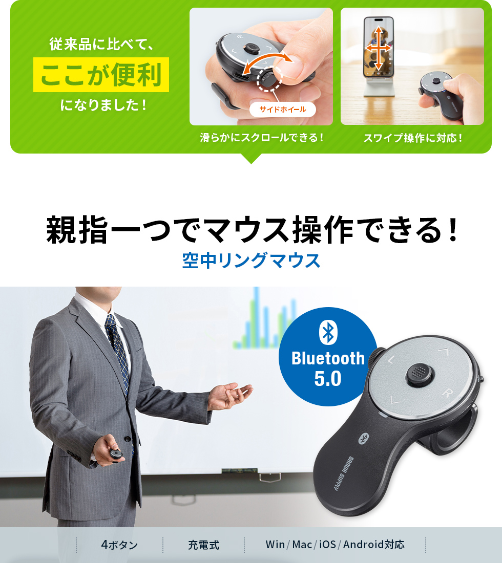 スクロールが付いてさらに使いやすくなった、Bluetoothリングマウス。