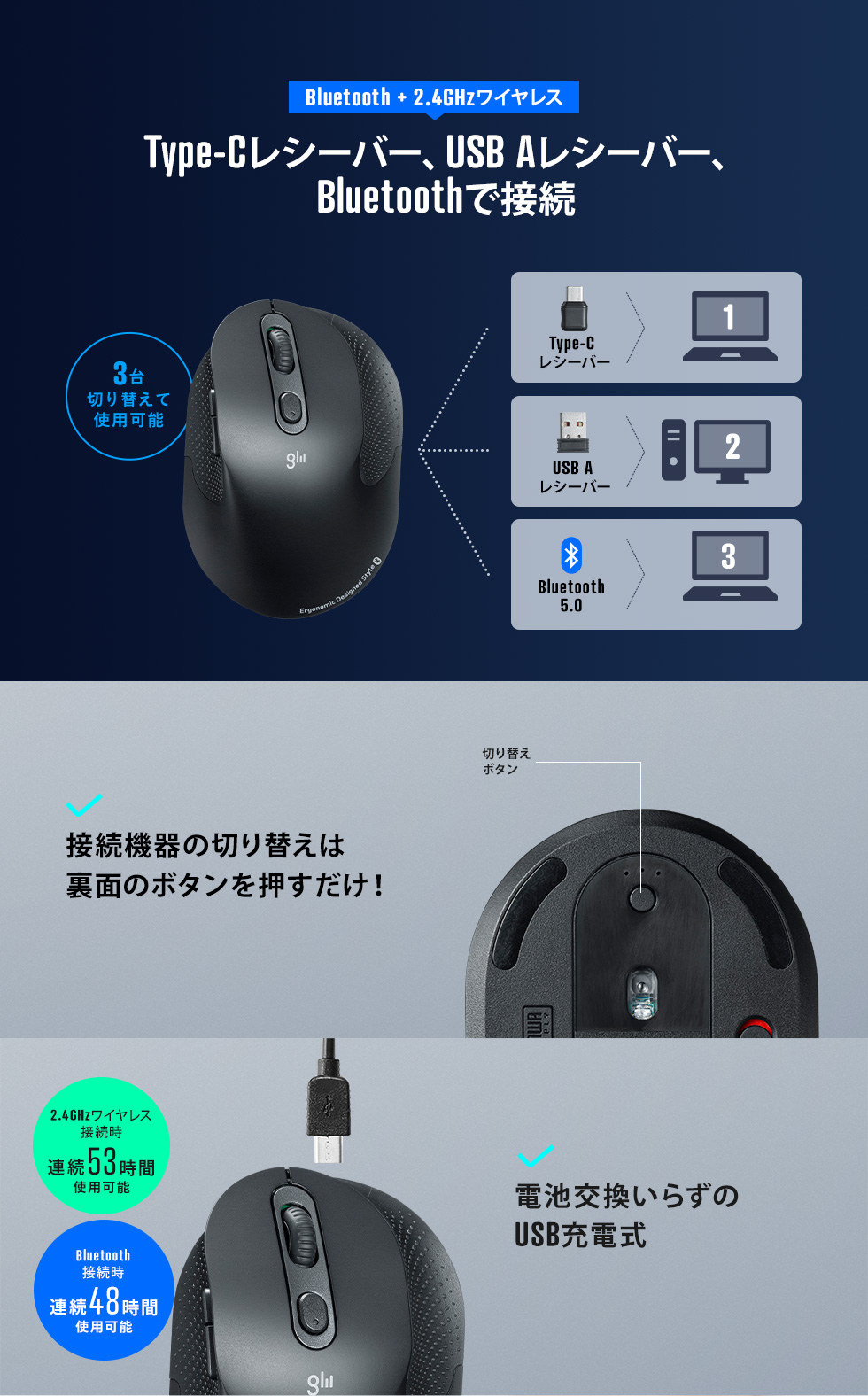 Type-Cレシーバー、USB Aレシーバー、Bluetoothで接続