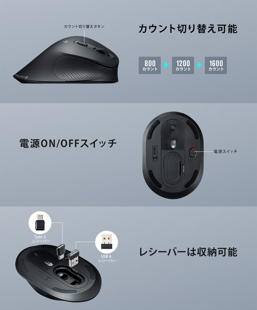 カウント切り替え可能 電源ON/OFFスイッチ レシーバーは収納可能