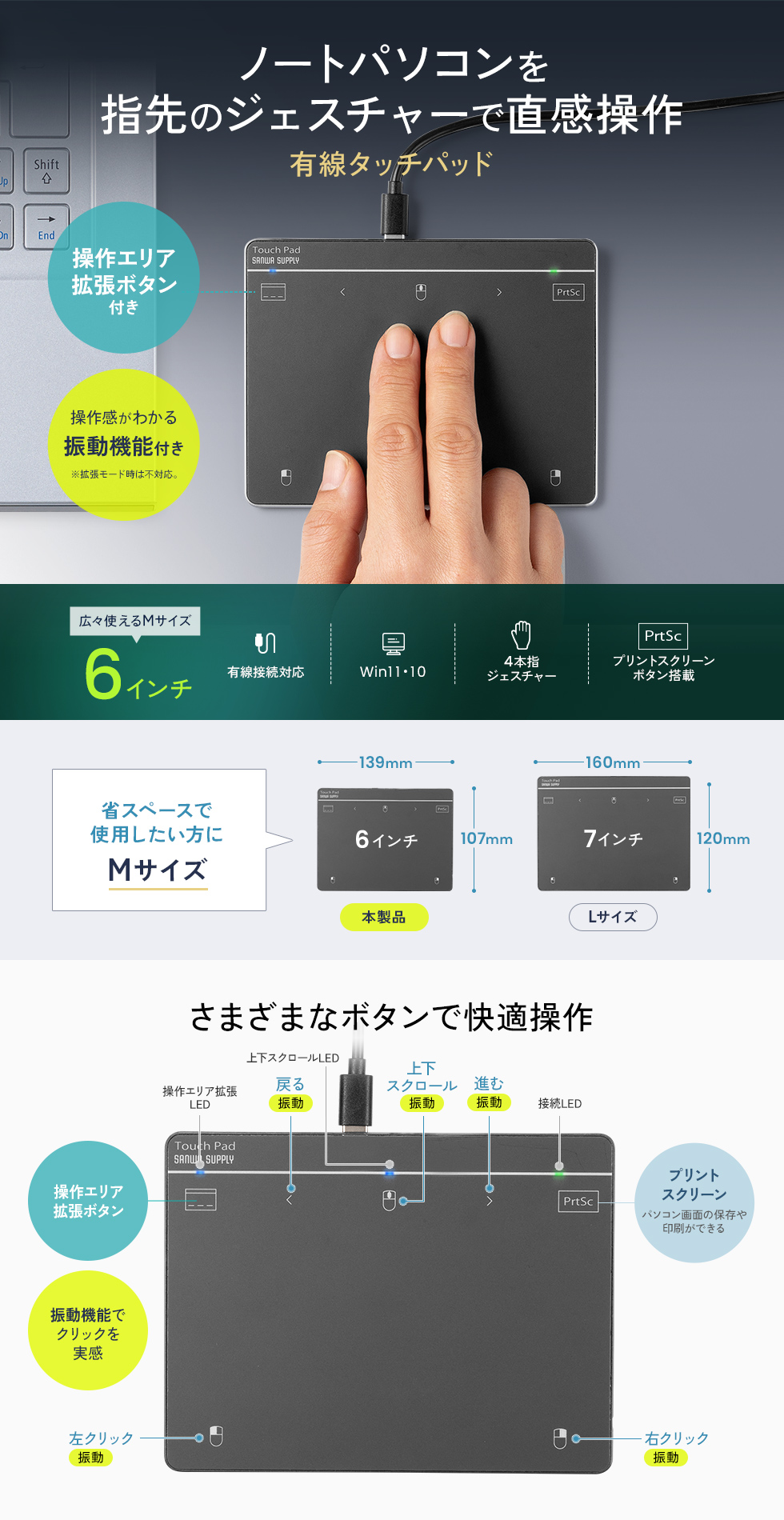 指でパソコンを操作できる、USB接続のタッチパッド。