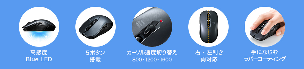 高感度Blue LED　5ボタン搭載　カーソル速度切り替え800・1200・1600　右・左利き両対応　手になじむラバーコーティング