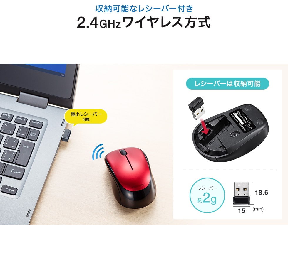 収納可能なレシーバー付き 2.4GHzワイヤレス方式