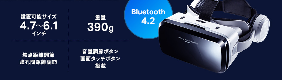  設置可能サイズ 4.7～6.1インチ 焦点距離調節瞳孔間距離調節 重量 390g 音量調節ボタン画面タッチボタン搭載