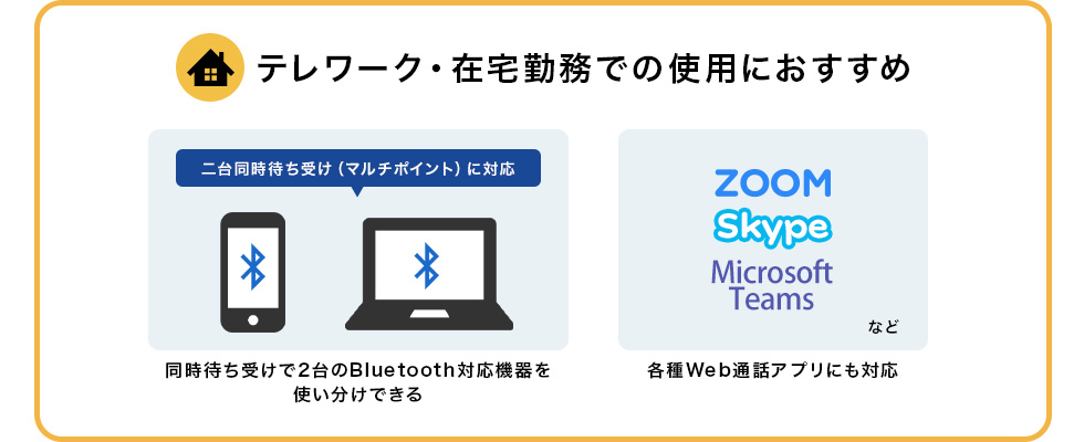 テレワーク・在宅勤務での使用におすすめ 二台同時待ち受け(マルチポイント)に対応 同時待ち受けで2台のBuletooth対応機器を使い分けできる 各種web通話アプリにも対応