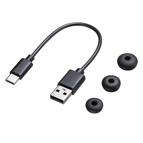 ３サイズのイヤーピースと充電用USBケーブル付き