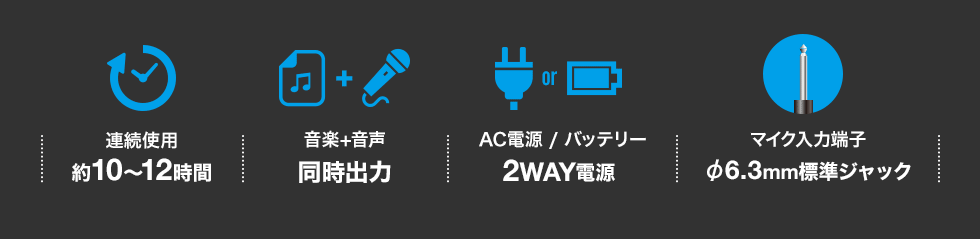 連続使用約10～12時間 音楽＋音声同時出力 AC充電器とバッテリーの2WAY電源 マイク入力端子6.3mm標準ジャック