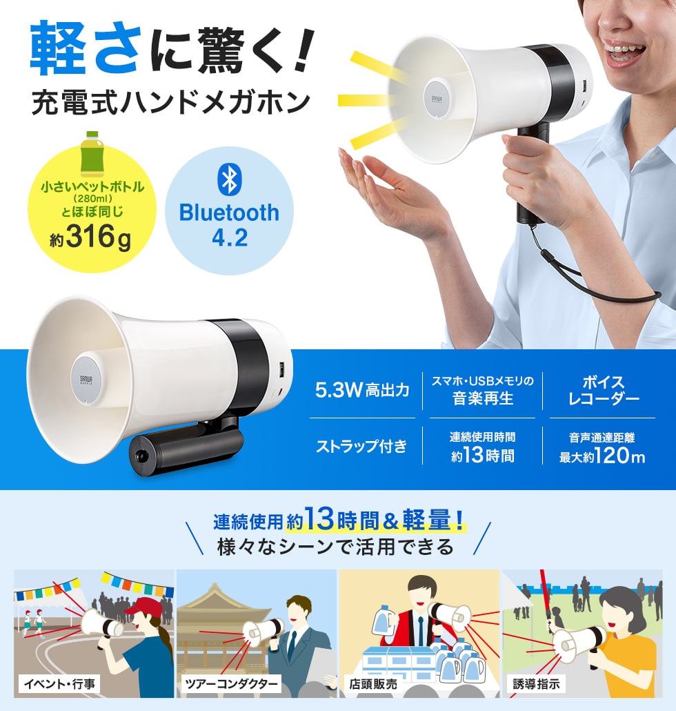 軽さに驚く！充電式ハンドメガホン