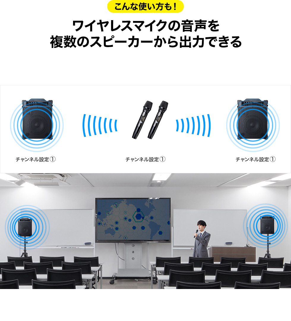 こんな使い方も！ ワイヤレスマイクの音声を 複数のスピーカーから出力できる