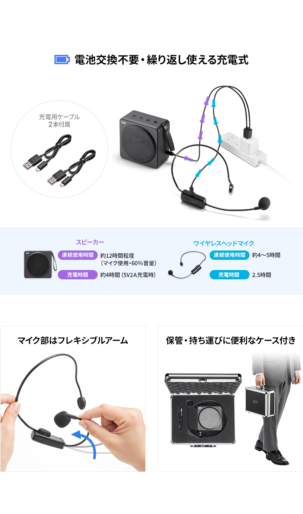 電池交換不要・繰り返し使える充電式