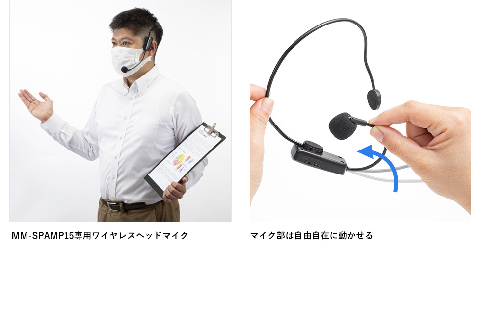 MM-SPAMP15専用ワイヤレスヘッドマイク マイク部は自由自在に動かせる