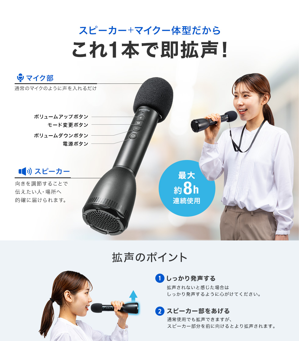 スピーカー+マイクー体型だからこれ1本で即拡声！