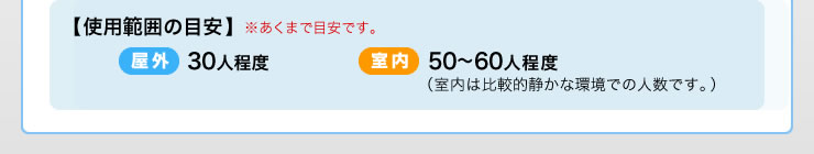 使用の範囲の目安　屋外30人程度　室内50〜60人程度