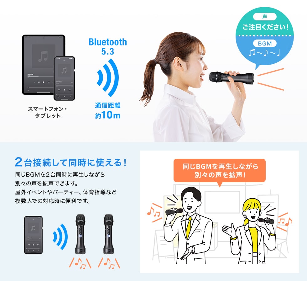 Bluetoothで機器と接続！音楽と一緒に拡声できる