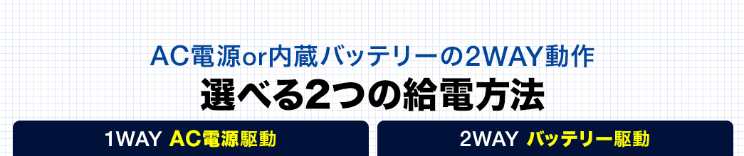 AC電源or内蔵バッテリーの2WAY動作　選べる給電方法