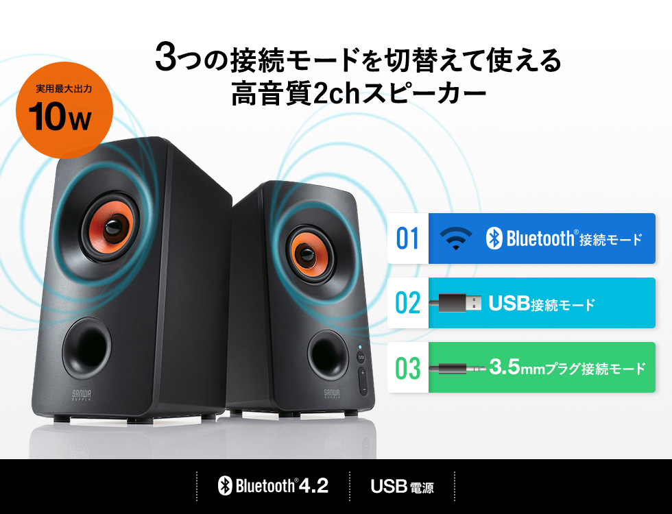 3つの接続モードを切り替えて使える高音質2chスピーカー 実用最大出力10w Bluetooth4.2 USB電源