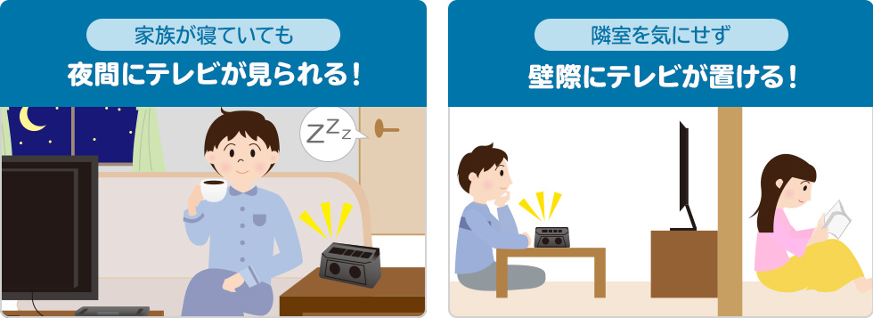 家族が寝ていても夜間にテレビが見られる 隣室を気にせず壁際にテレビが置ける