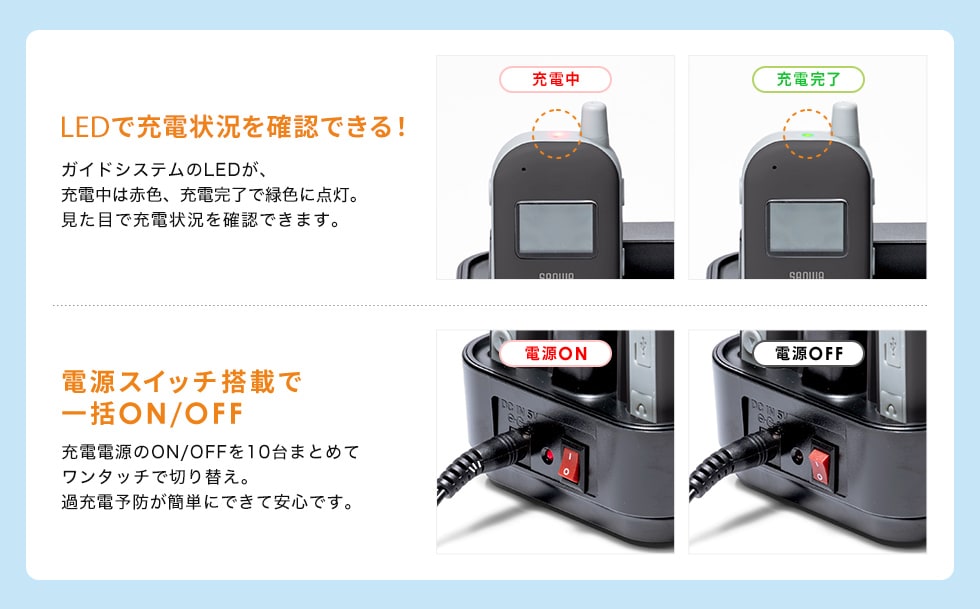 LEDで充電状況を確認できる