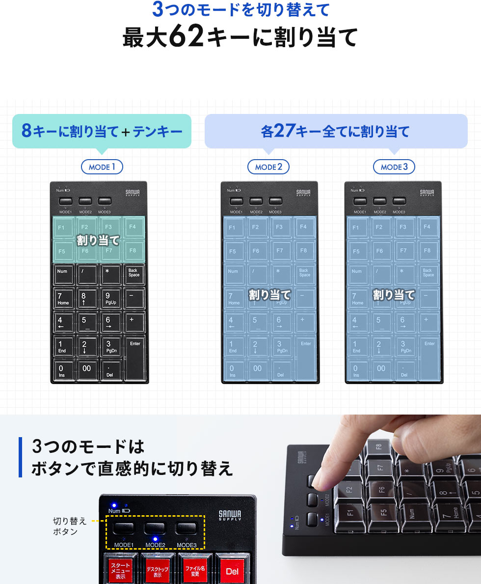 3つのモードを切り替えて最大62キーに割り当て