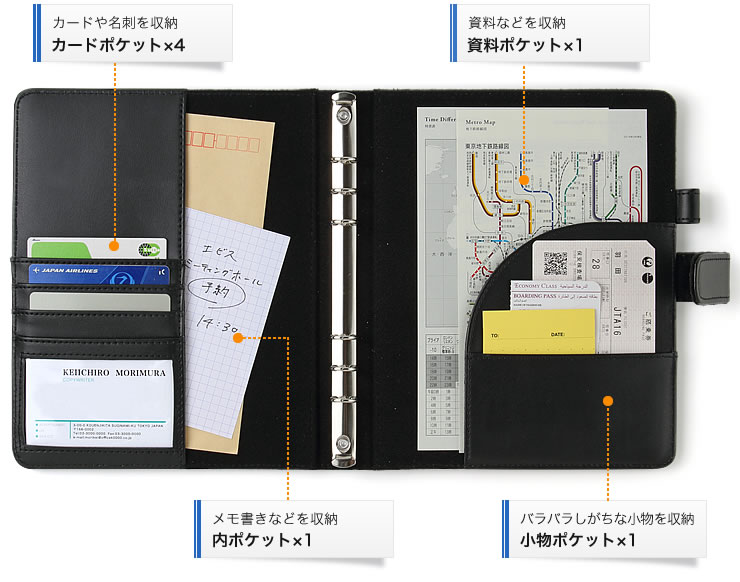 カードポケット×4　資料ポケット×1　内ポケット×1　小物ポケット×1