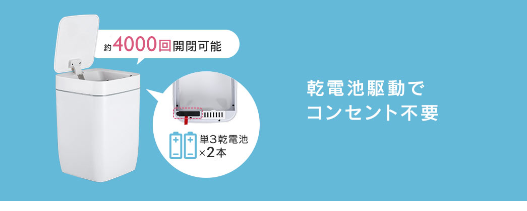 乾電池駆動でコンセント不要 約4000回開閉可能