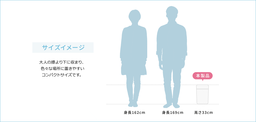 サイズイメージ 大人の膝より下に収まり、色々な場所に置きやすいコンパクトサイズです。